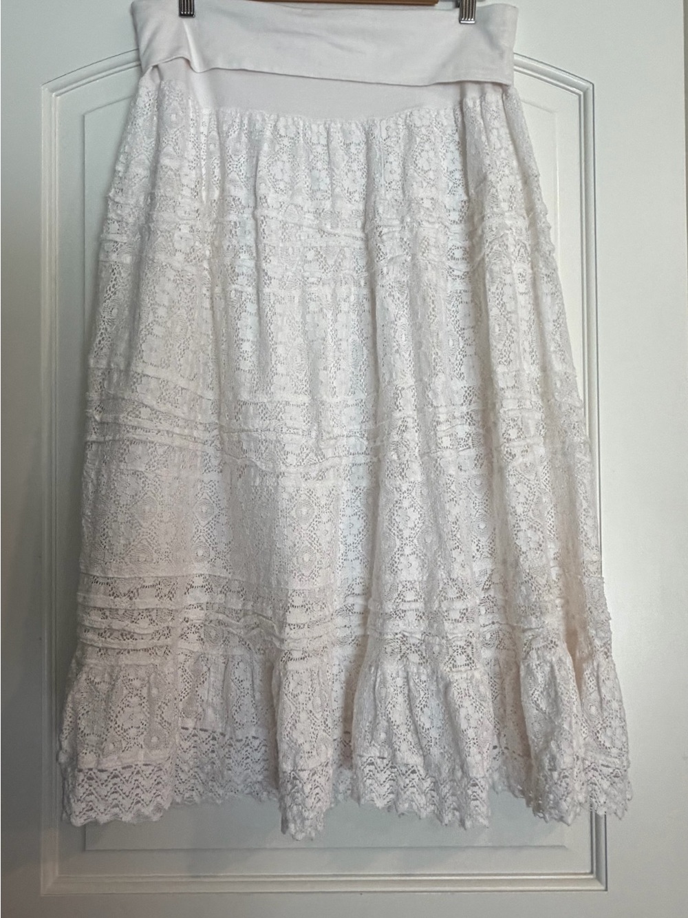 White Cotton Blend Maxi Skirt Lace Tiered Boho Fairy Cottagecore - Picture 3 of 9